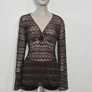 Wet Seal Chocolate Lace V-Neck Top Blouse Womens Sz XL Sheer Metalic
